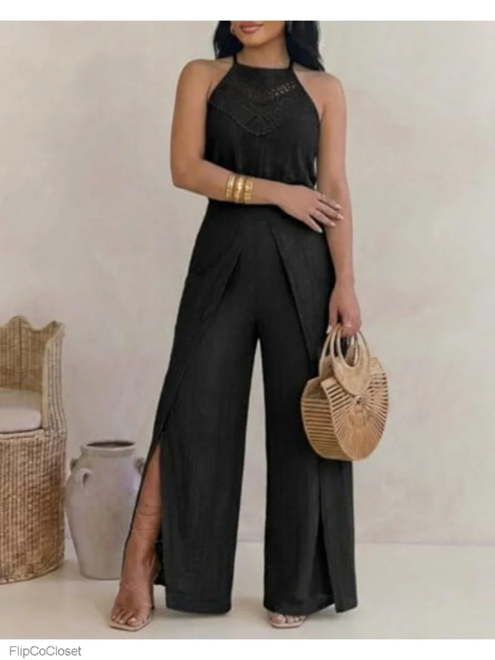 Women's Eyelet Halter Jumpsuit High Waist Wide Leg One Piece Outfit